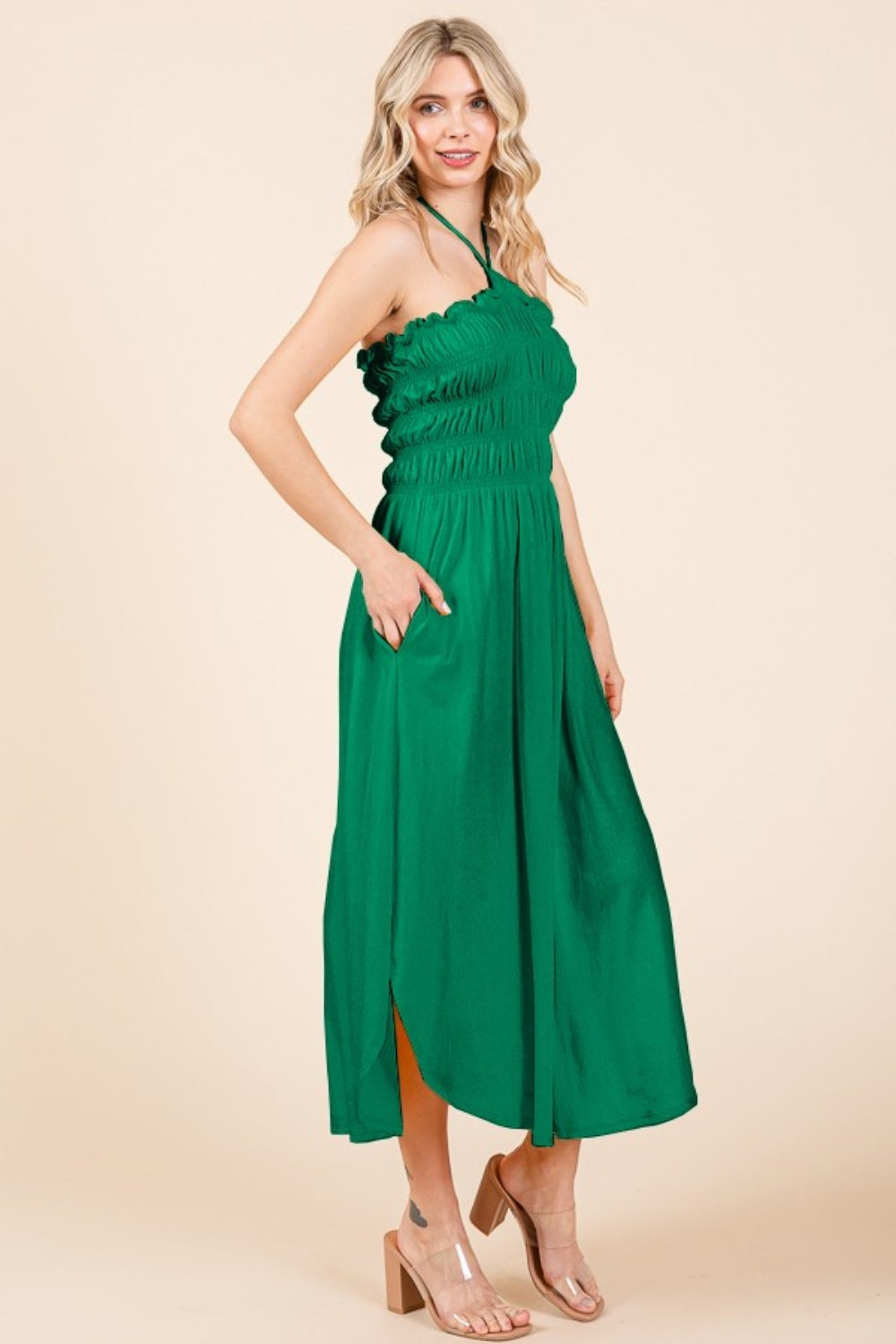 Tie Back Green Pop Shirring Dress with Pockets - ThingsWeUseAndLove 