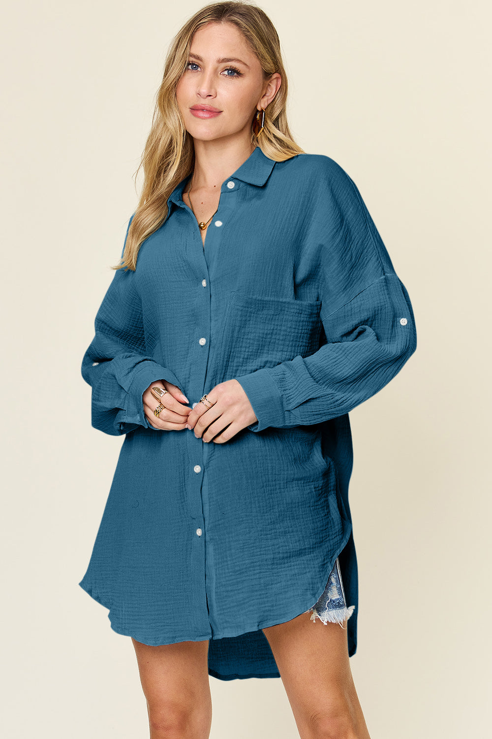 Simone Size Inclusive Pocketed Texture Button Up Shirt - ThingsWeUseAndLove Dark-Blue-3XL