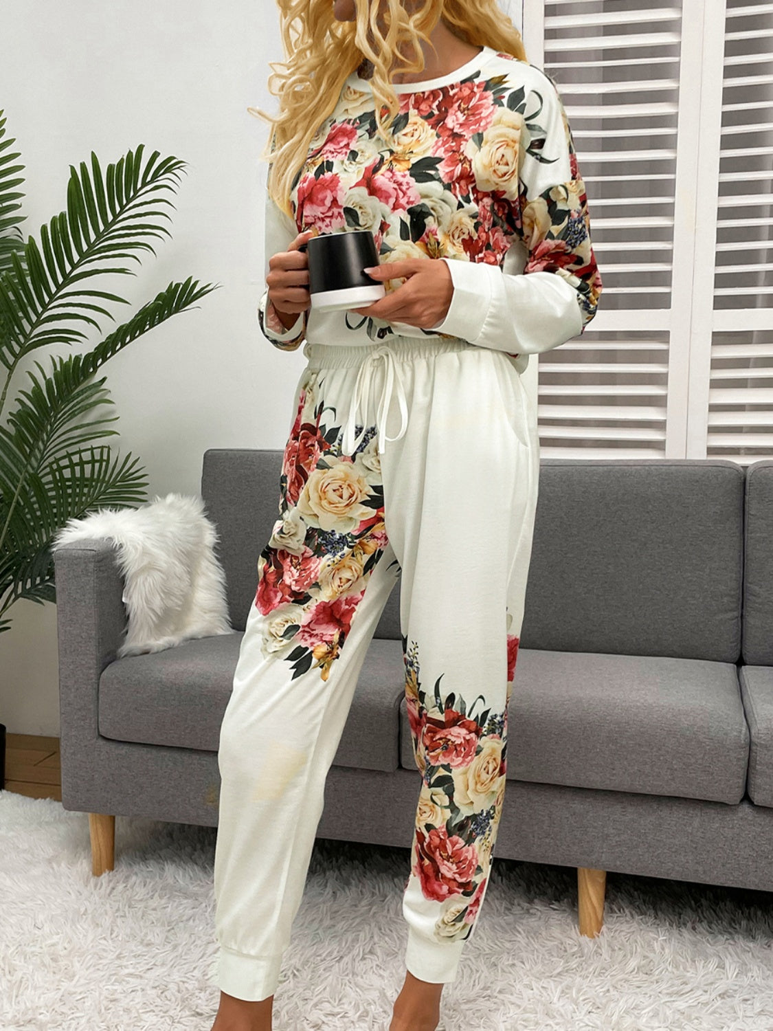 Rose Printed Round Neck Top and Pants Lounge Set - ThingsWeUseAndLove 