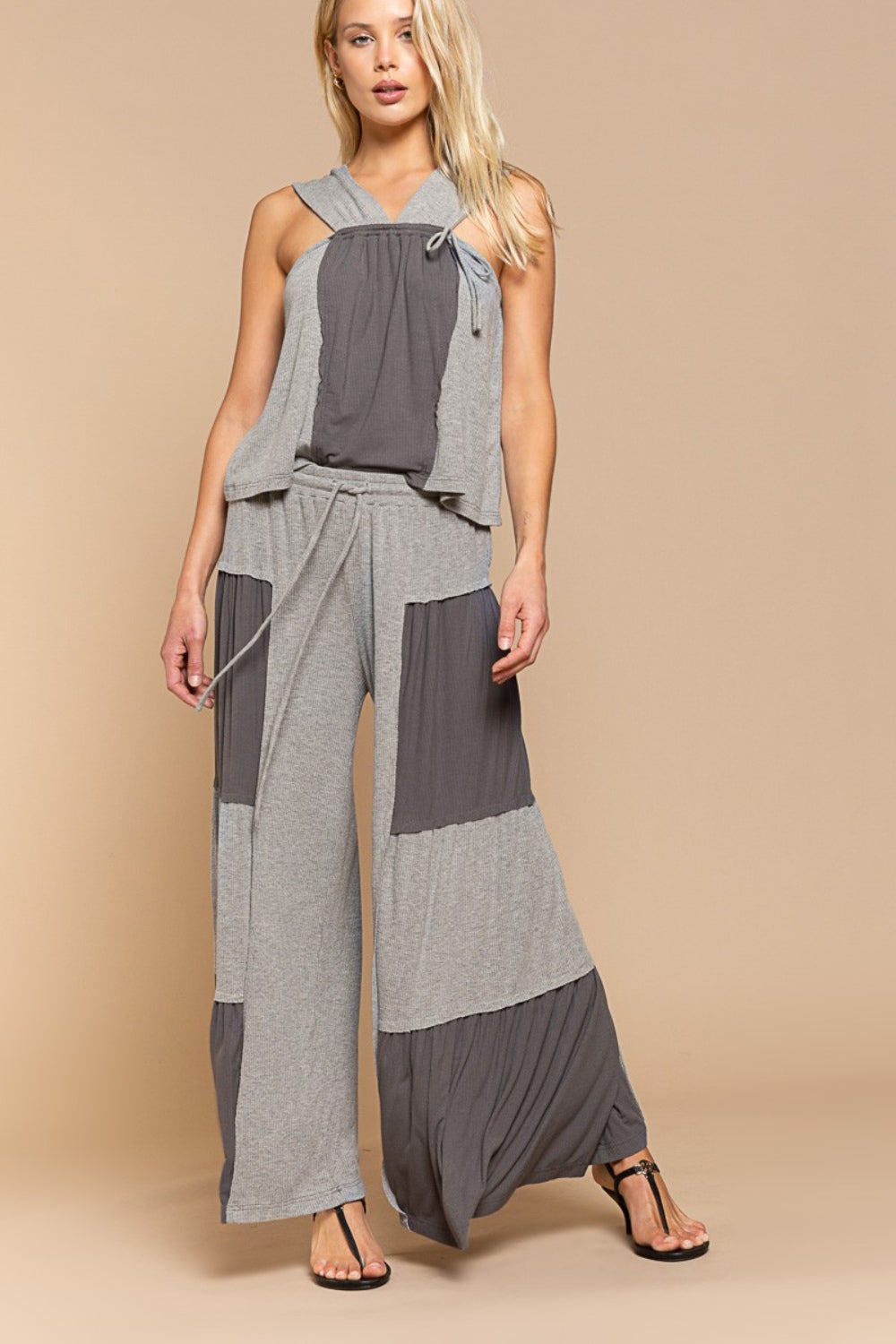 Charcoal & Ash  Ribbed Contrast Wide Leg Pants - ThingsWeUseAndLove 