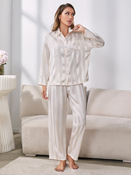 Ada Button-Up Shirt and Pants Pajama Set - ThingsWeUseAndLove White-XL