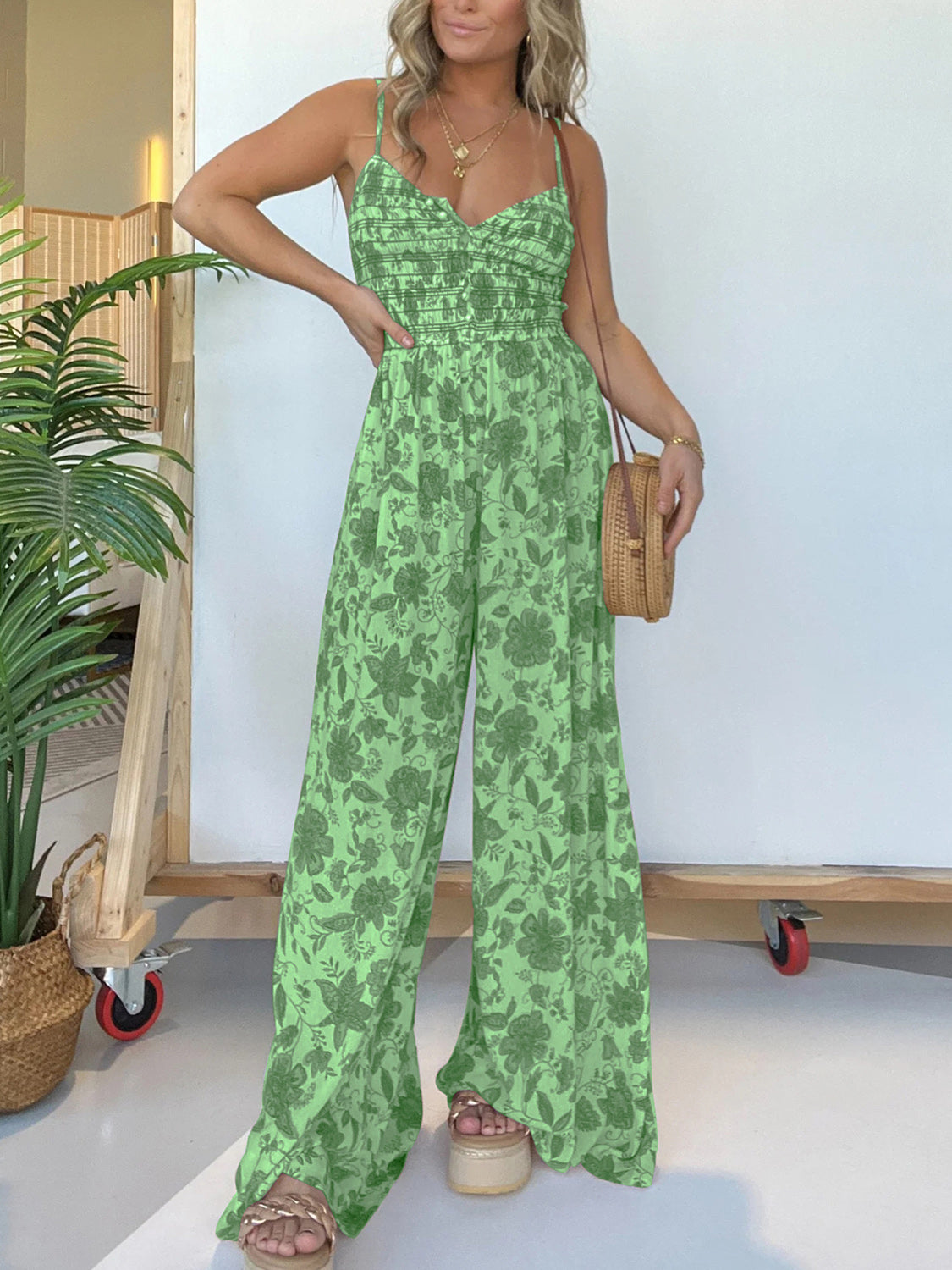 Printed Spaghetti Strap Wide Leg Jumpsuit - ThingsWeUseAndLove 