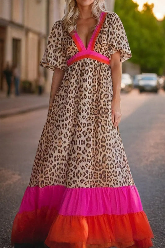 Leopard V-Neck Half Sleeve Maxi Dress - ThingsWeUseAndLove Leopard-3XL