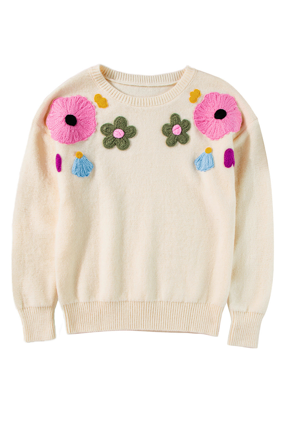 Light Blue Flower Pattern Ribbed Edge Sweater - ThingsWeUseAndLove 