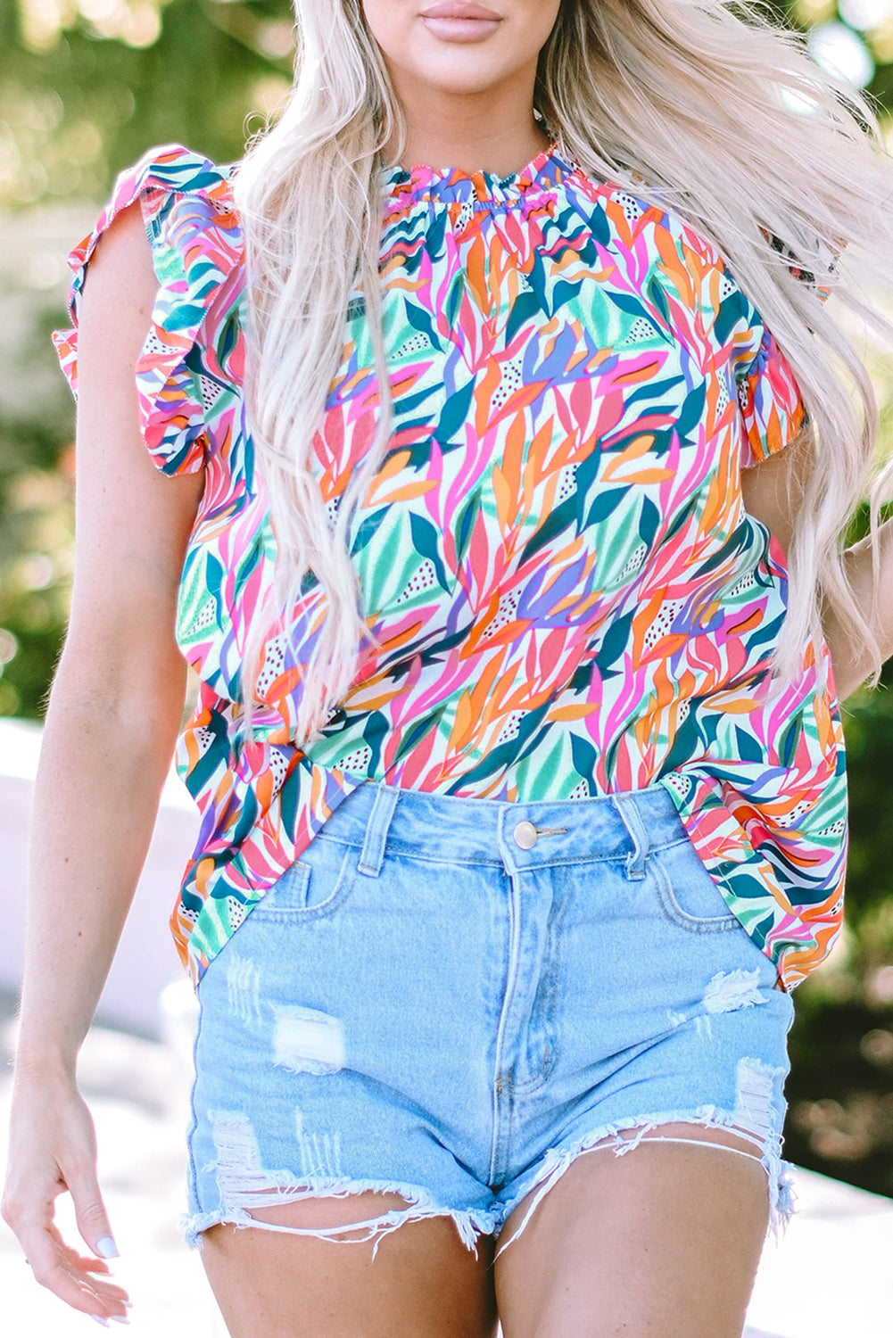 Rose Red Floral Print Ruffled Flutter Sleeve Blouse - ThingsWeUseAndLove 