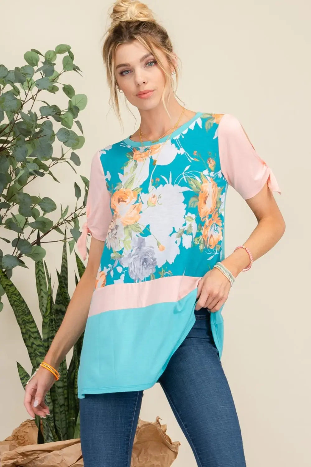 Sinclair Size Inclusive Open Tie Sleeve Floral Contrast Top - ThingsWeUseAndLove Mint-Floral-3XL