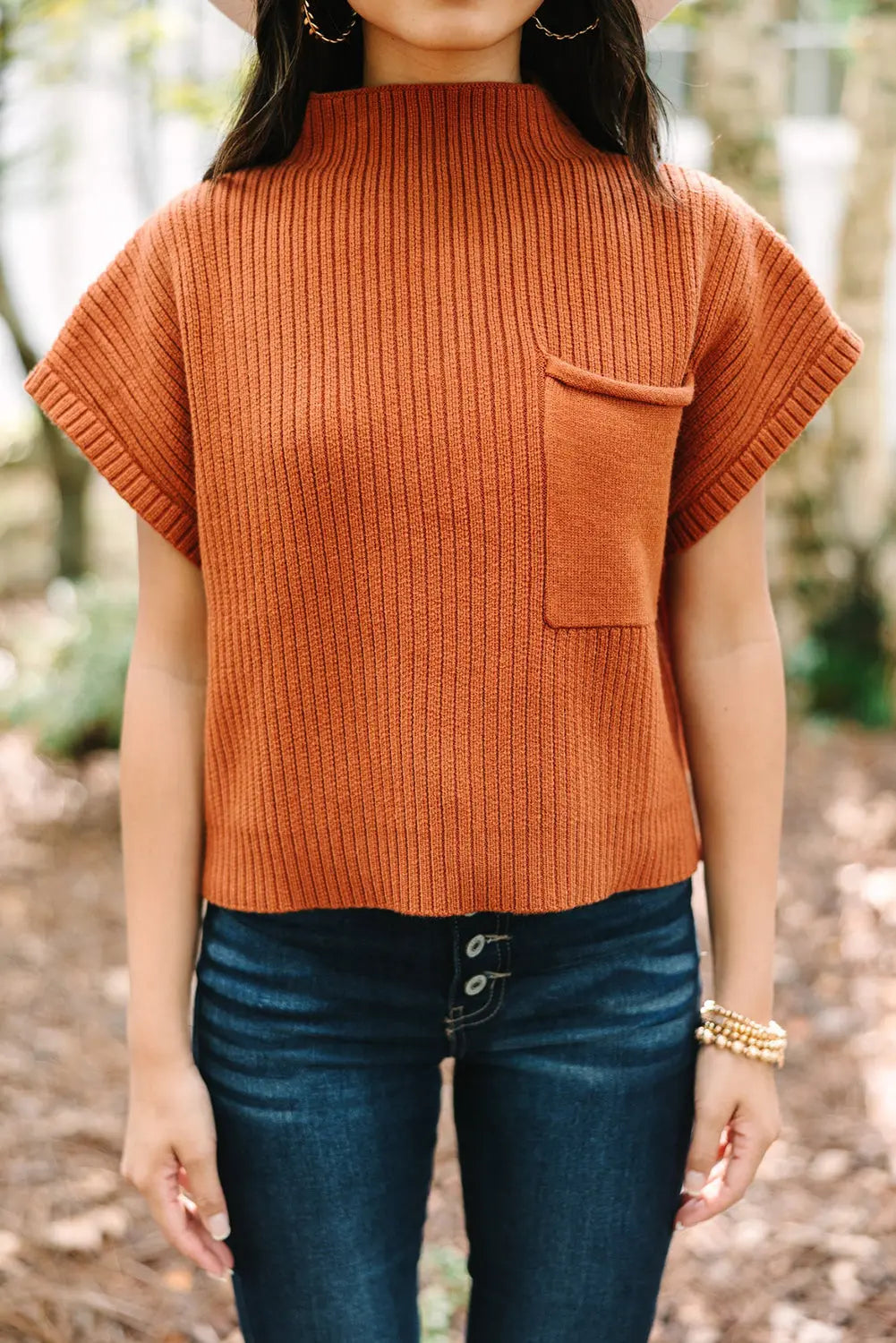 Gold Flame Patch Pocket Ribbed Knit Short Sleeve Sweater - ThingsWeUseAndLove 