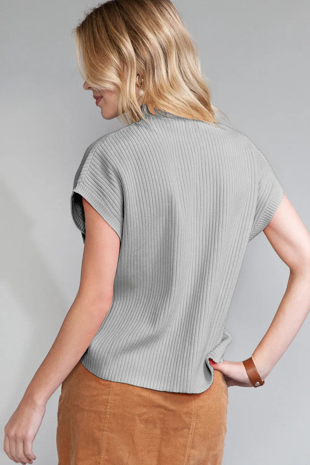 Gold Flame Patch Pocket Ribbed Knit Short Sleeve Sweater - ThingsWeUseAndLove 