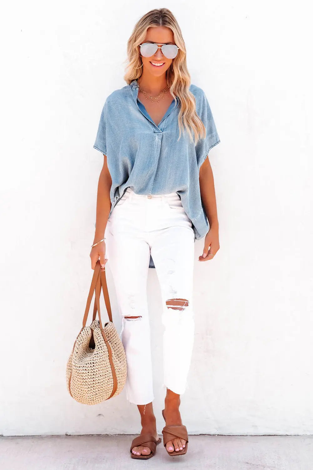 Sky Blue Split V Neck Loose Denim Blouse - ThingsWeUseAndLove 