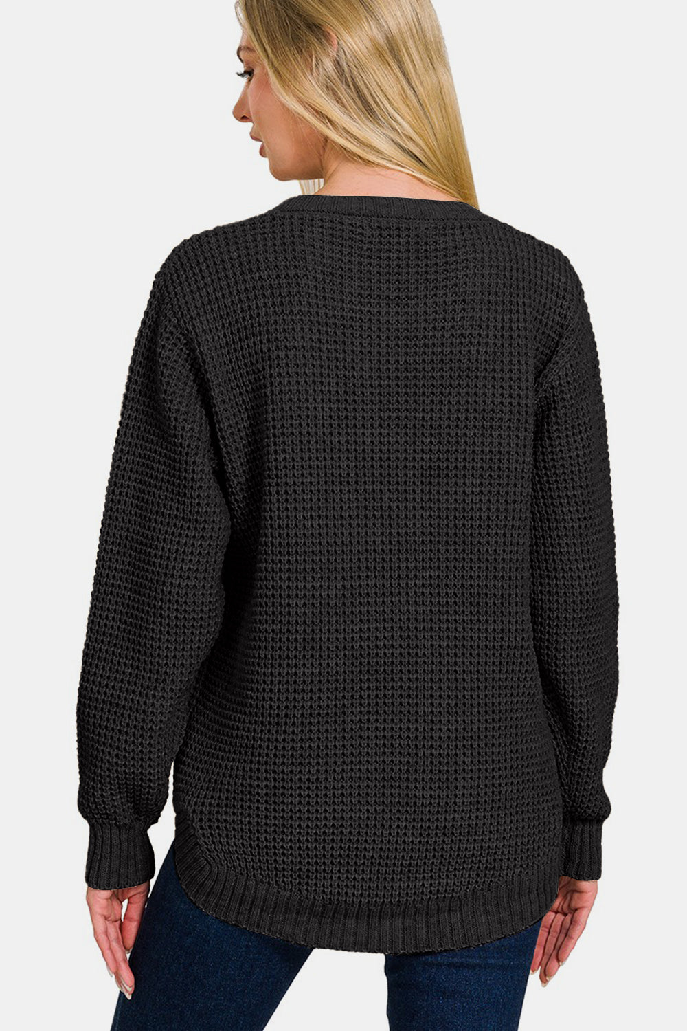 High Low Long Sleeve Waffle Sweater - ThingsWeUseAndLove 