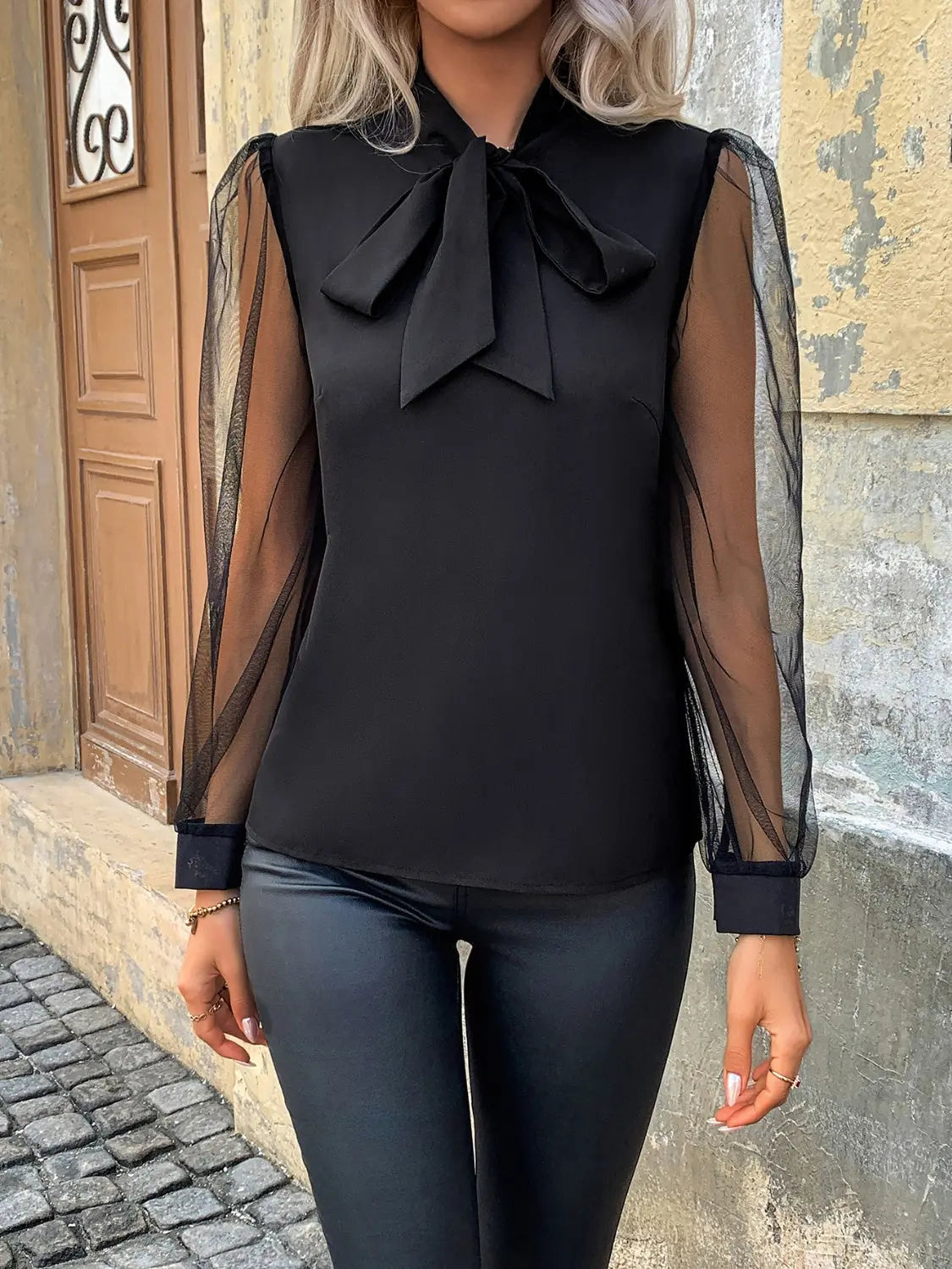 Sloane Tie Neck Long Sleeve Blouse - ThingsWeUseAndLove 