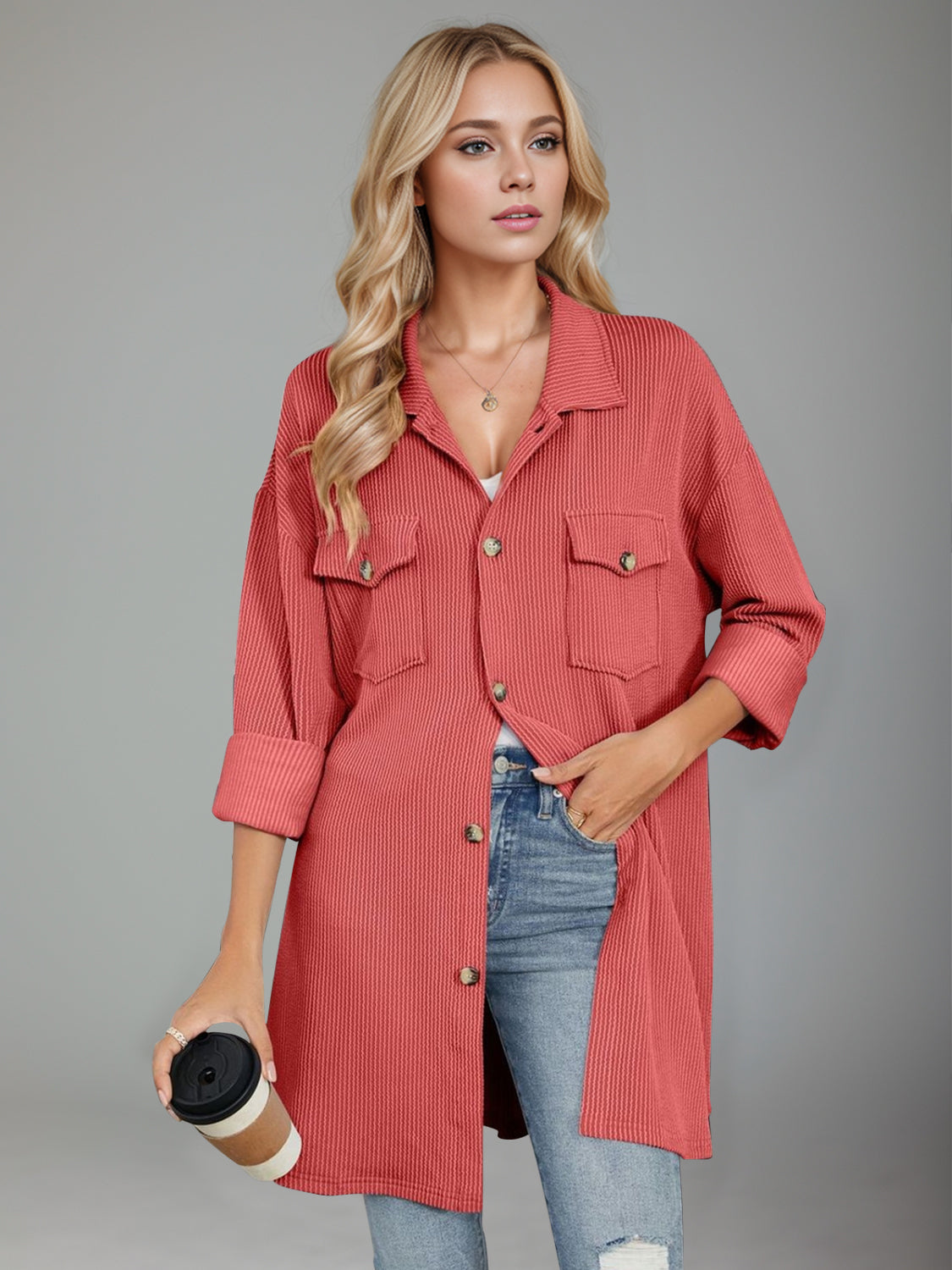 Textured Pocketed Collared Neck Long Sleeve Shirt