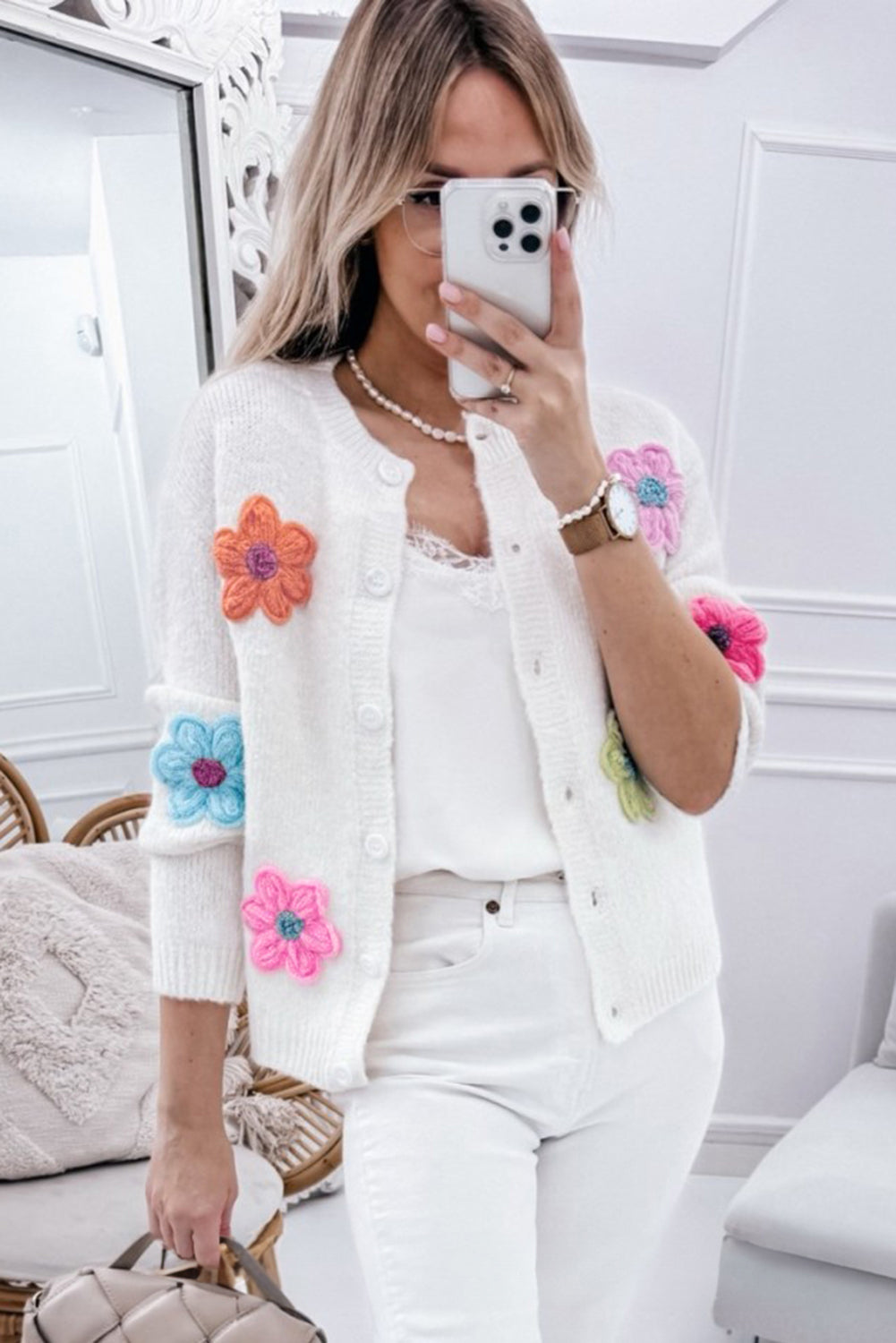 White Cute Flower Pattern Button-Up Cardigan - ThingsWeUseAndLove 