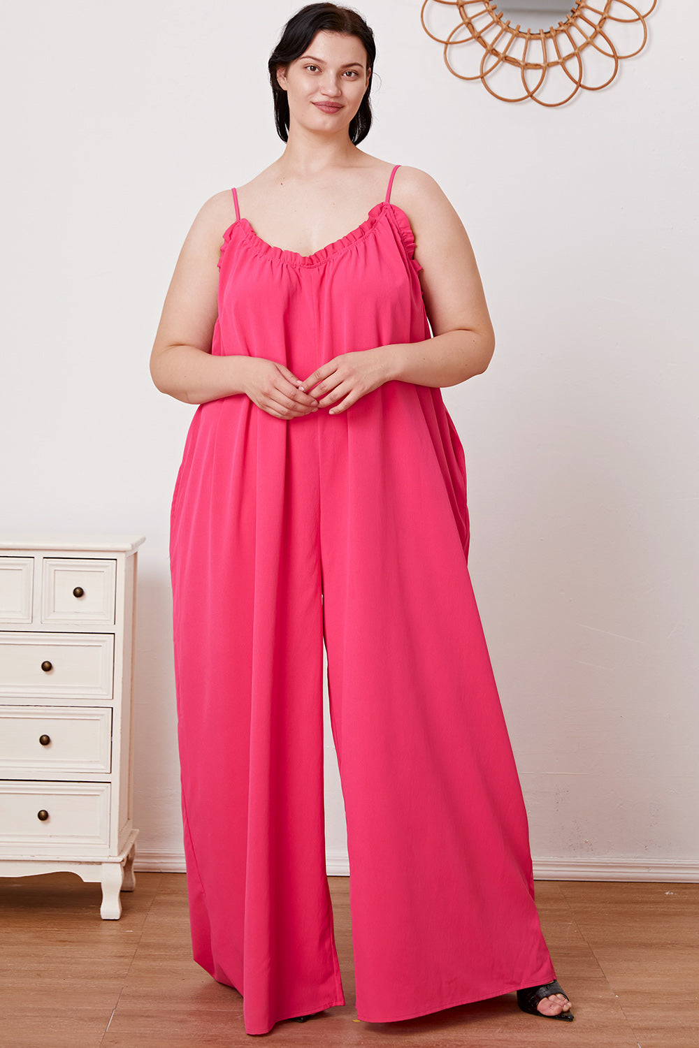 Double Take Full Size Ruffle Trim Tie Back Cami Jumpsuit with Pockets - ThingsWeUseAndLove 