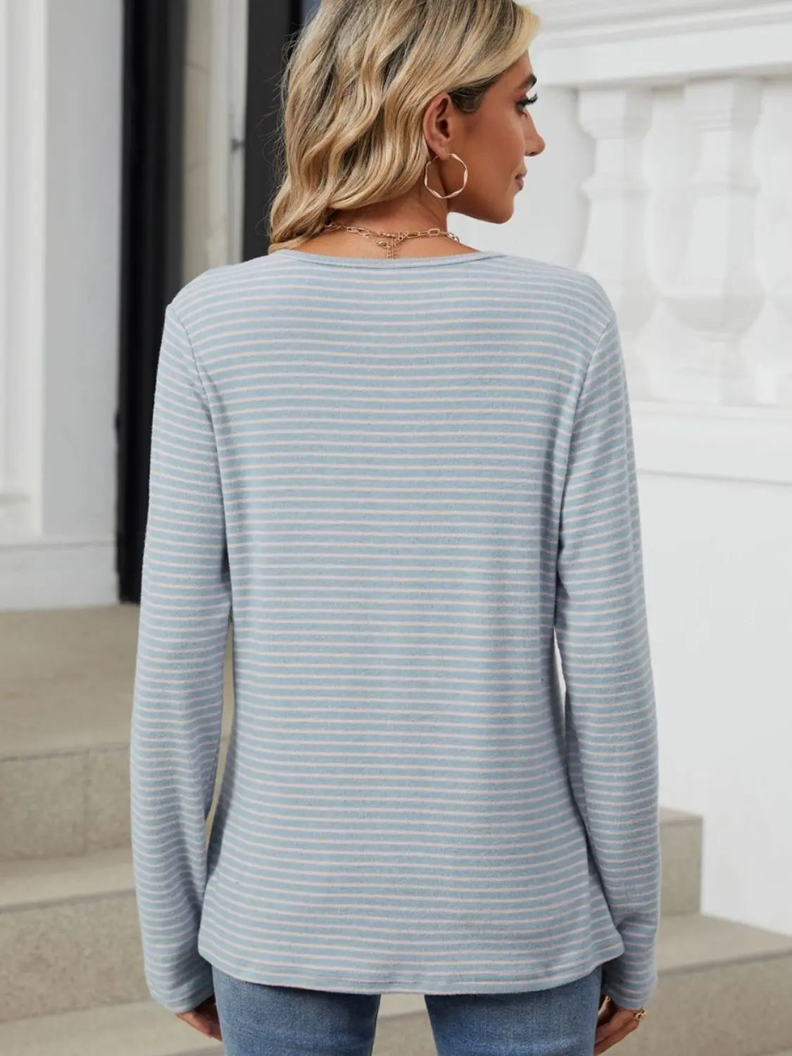 Striped Half Button Long Sleeve T-Shirt - ThingsWeUseAndLove 