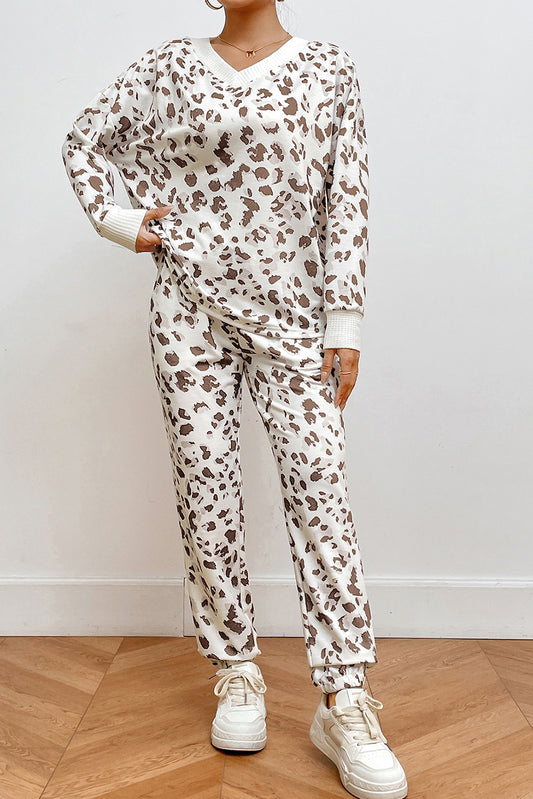 Leopard V-Neck Top and Pants Lounge Set - ThingsWeUseAndLove White-XL