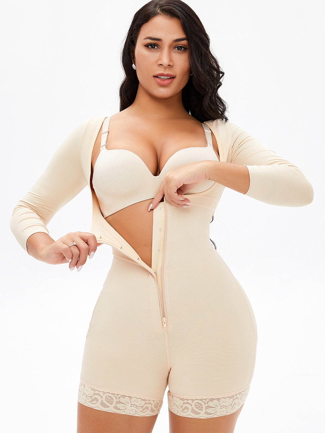 Zip Up Lace Detail Long Sleeve Shapewear