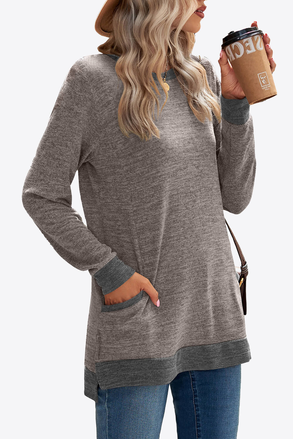 Heathered Slit Top with Pockets - ThingsWeUseAndLove 