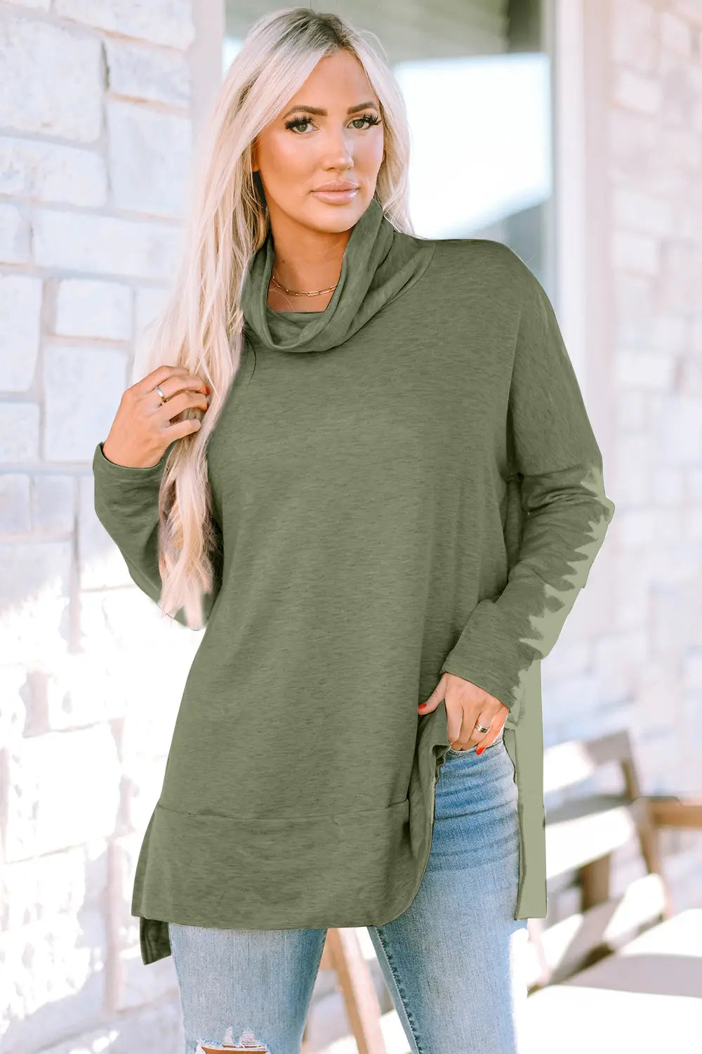 Cowl Neck Long Sleeve Slit Blouse - ThingsWeUseAndLove Sage-XL