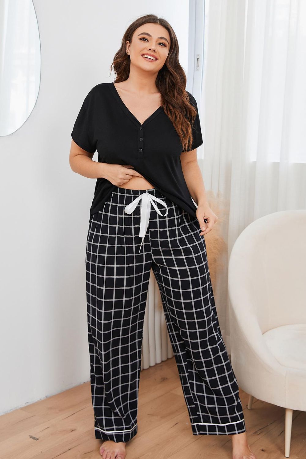 Dreamland Size Inclusive V-Neck Top and Plaid Pants Lounge Set - ThingsWeUseAndLove 