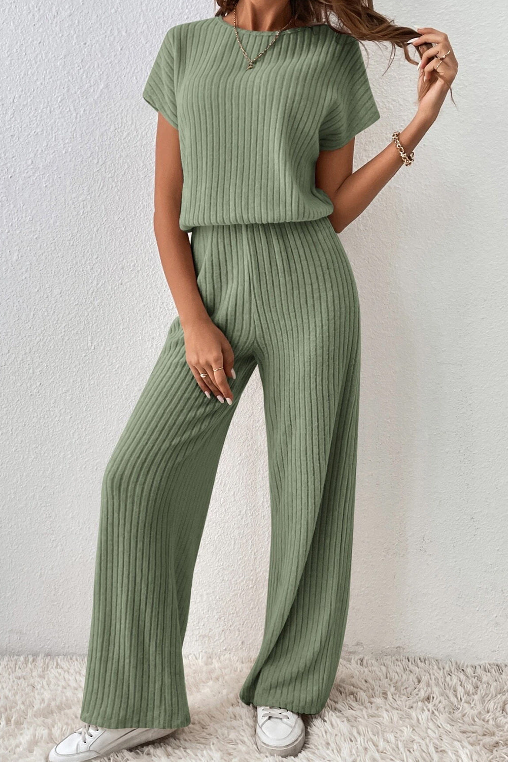 Black Solid Color Ribbed Short Sleeve Wide Leg Jumpsuit - ThingsWeUseAndLove 