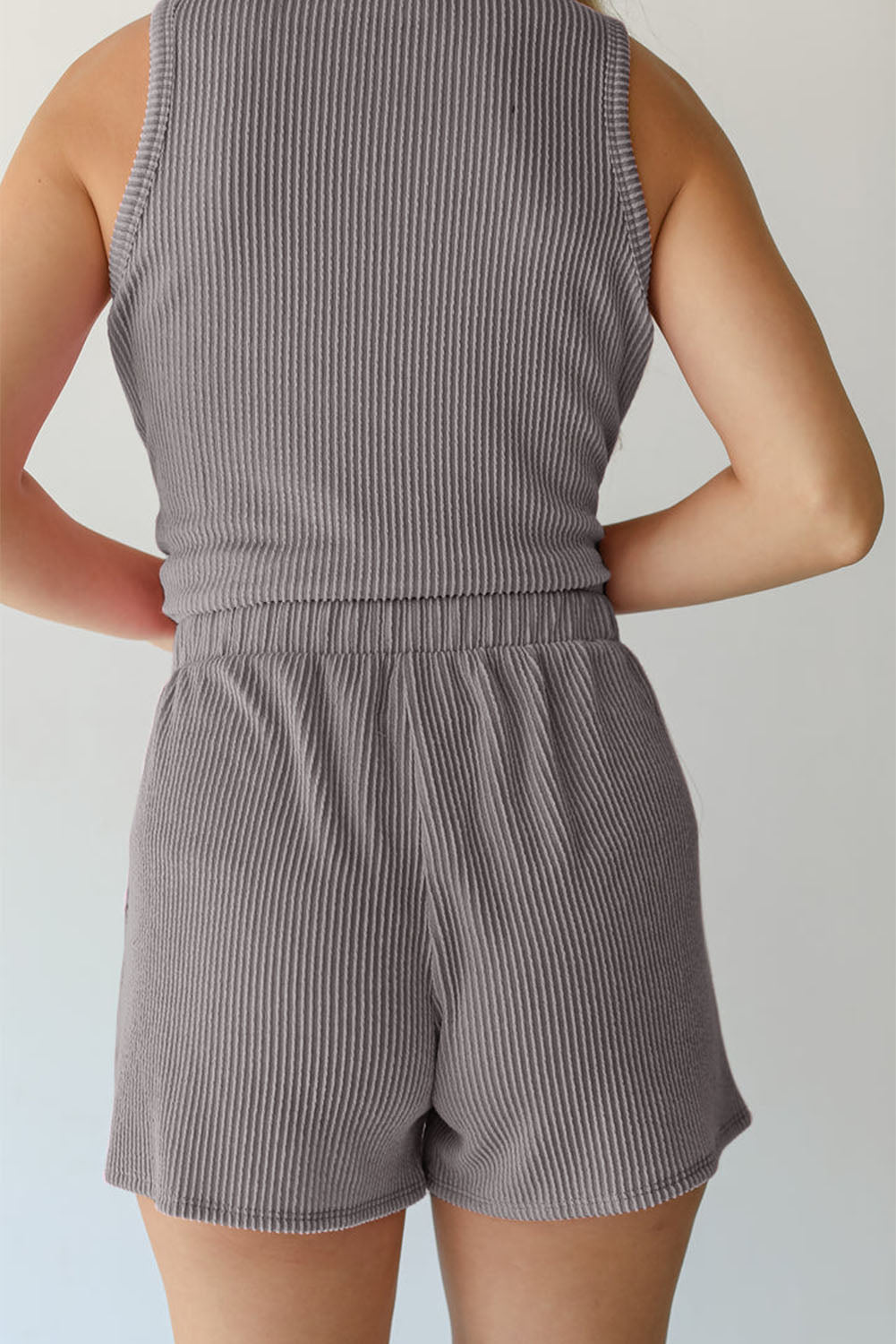 Smoke Gray Corded Sleeveless Top and Pocketed Shorts Set - ThingsWeUseAndLove 