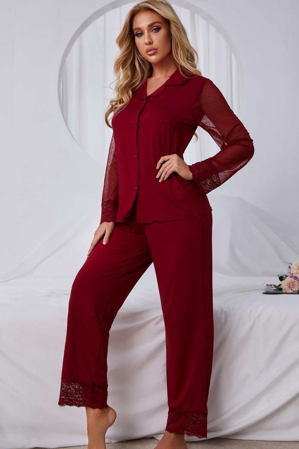 Anais Spliced Lace Lapel Collar Pajama Set - ThingsWeUseAndLove 