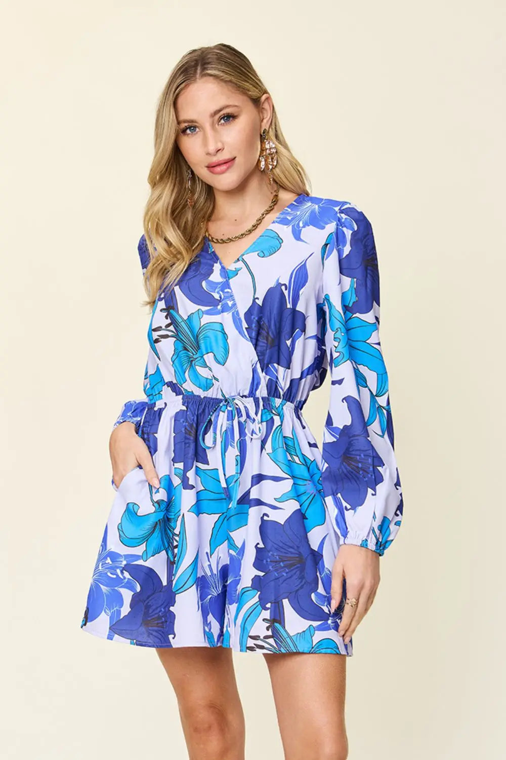 Size Inclusive Floral Long Sleeve Romper with Pockets - ThingsWeUseAndLove Blue-3XL