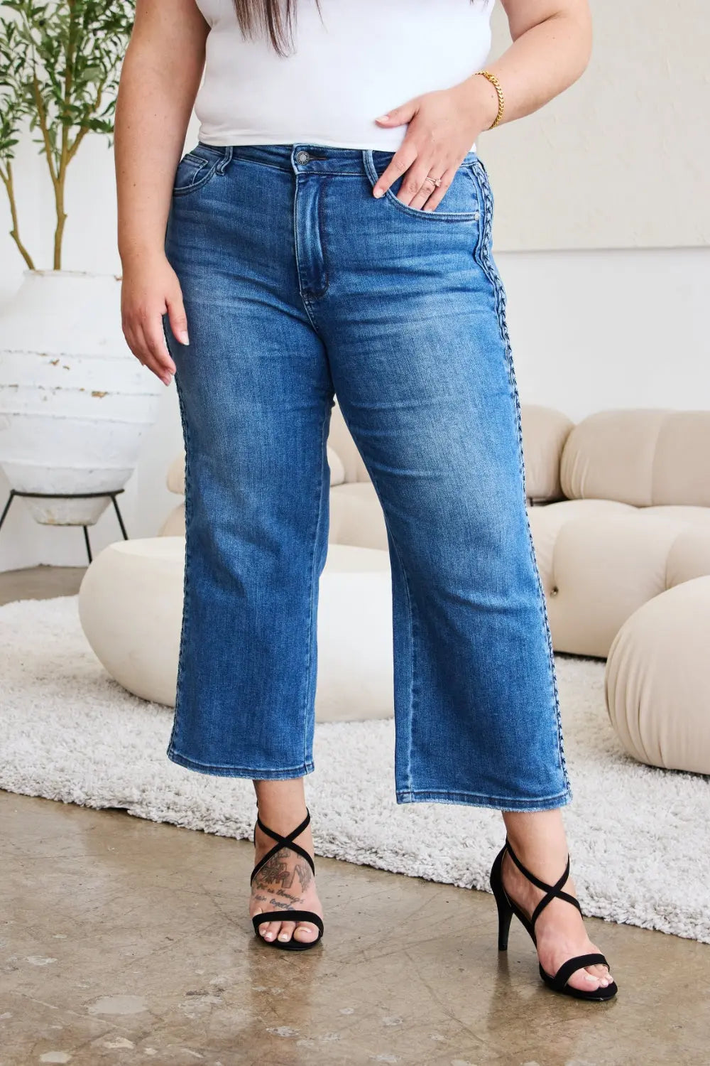 Idra Judy Blue Size Inclusive Braid Side Detail Wide Leg Jeans - ThingsWeUseAndLove 