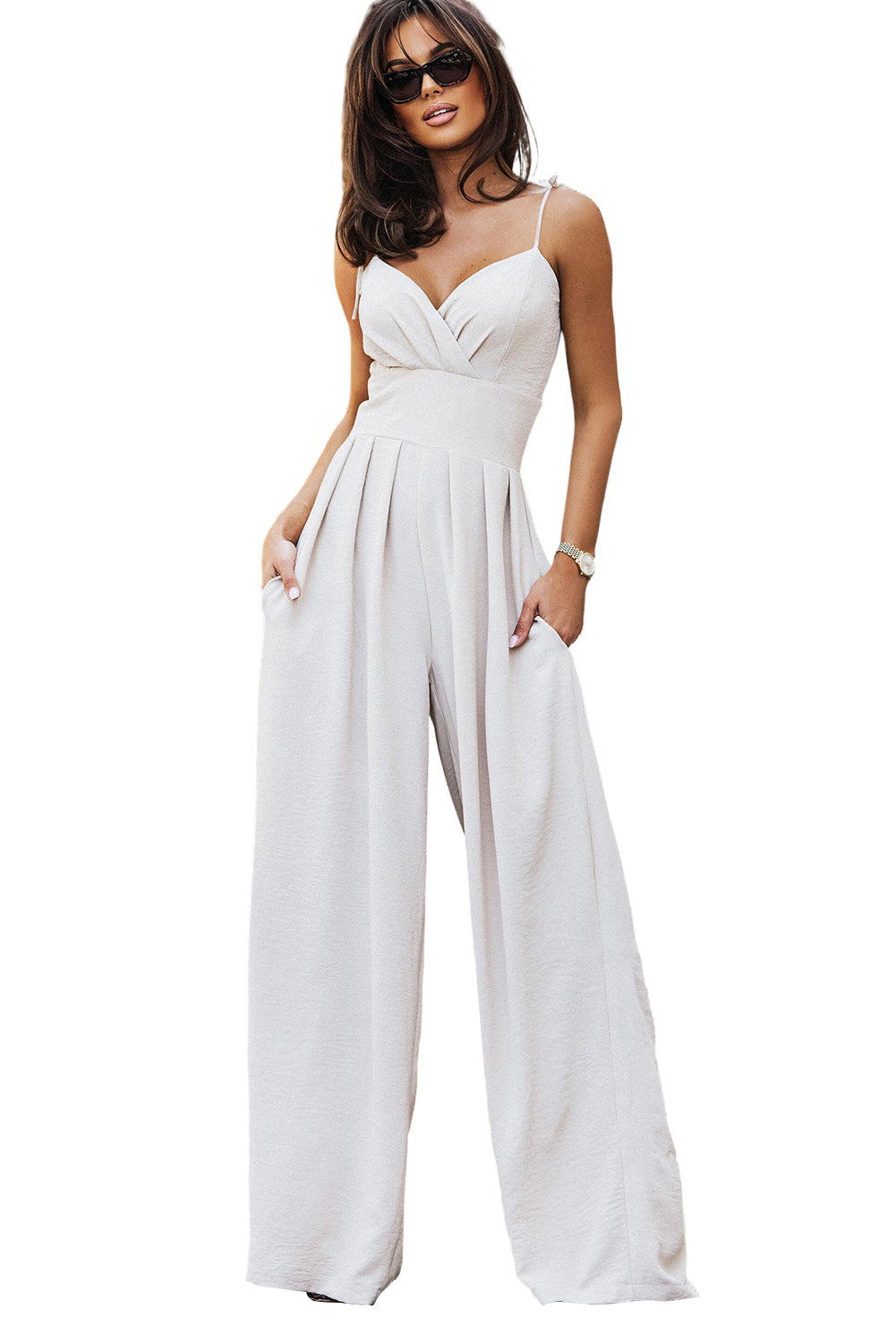 Spaghetti Straps Pleated High Waist Wide Leg Jumpsuit - ThingsWeUseAndLove 