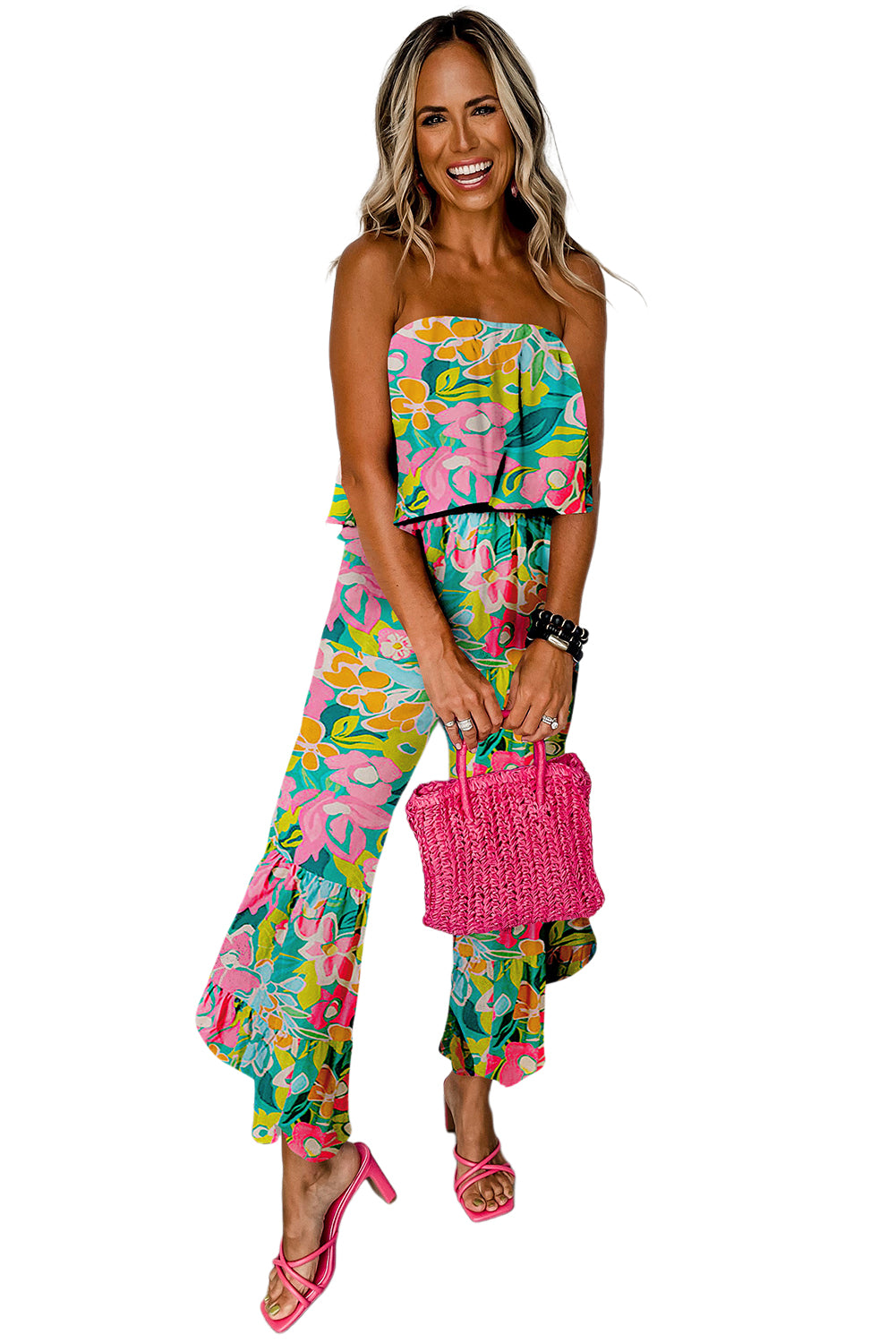 Tropical Print Strapless Ruffle Jumpsuit - ThingsWeUseAndLove 