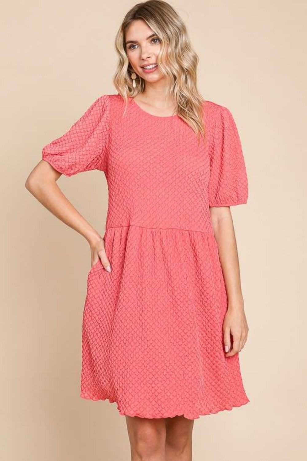 Textured Round Neck Puff Sleeve Dress - ThingsWeUseAndLove 