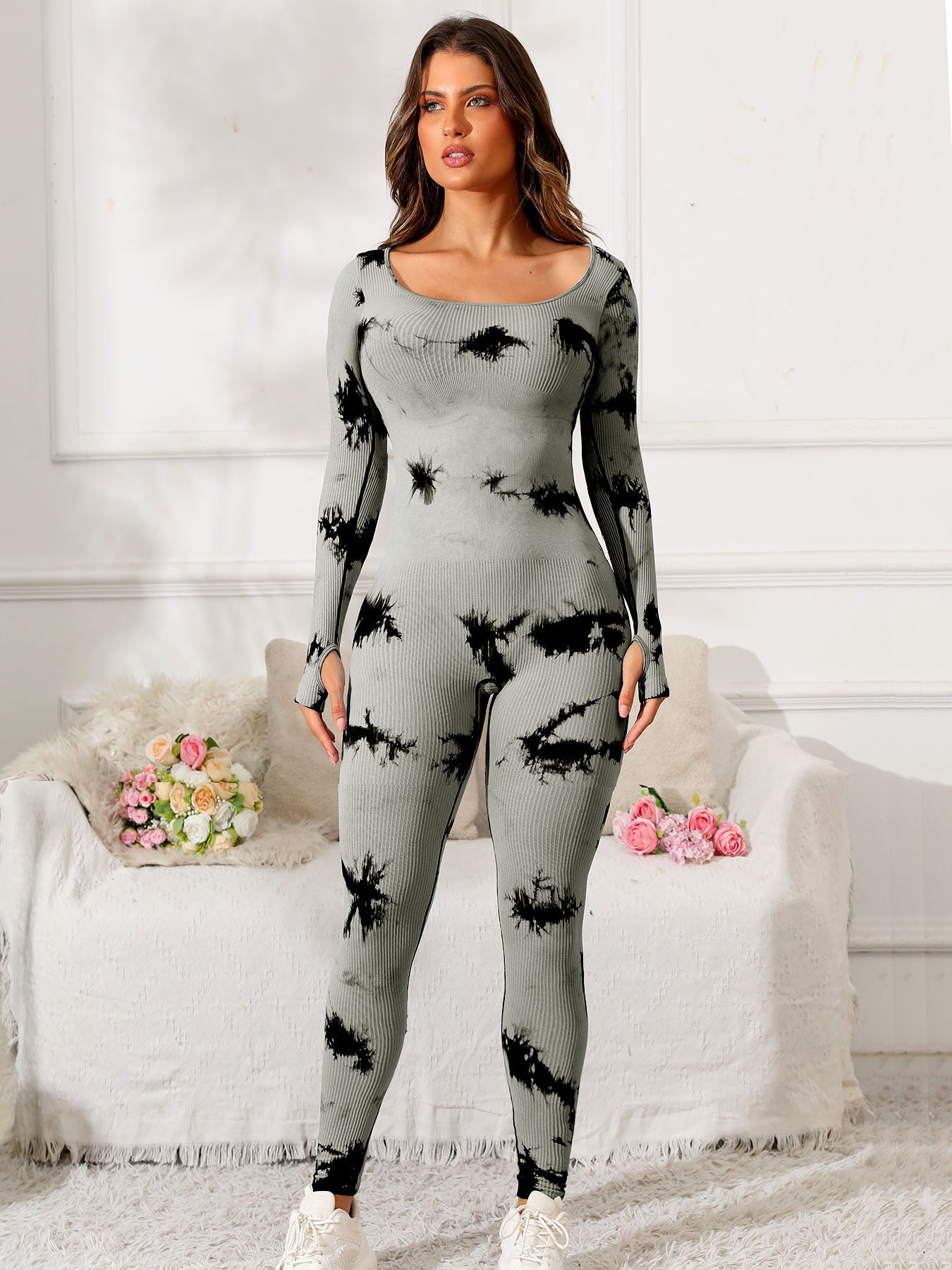 Fit & Fabulous Tie Dye Scoop Neck Long Sleeve Active Jumpsuit - ThingsWeUseAndLove Gray-L