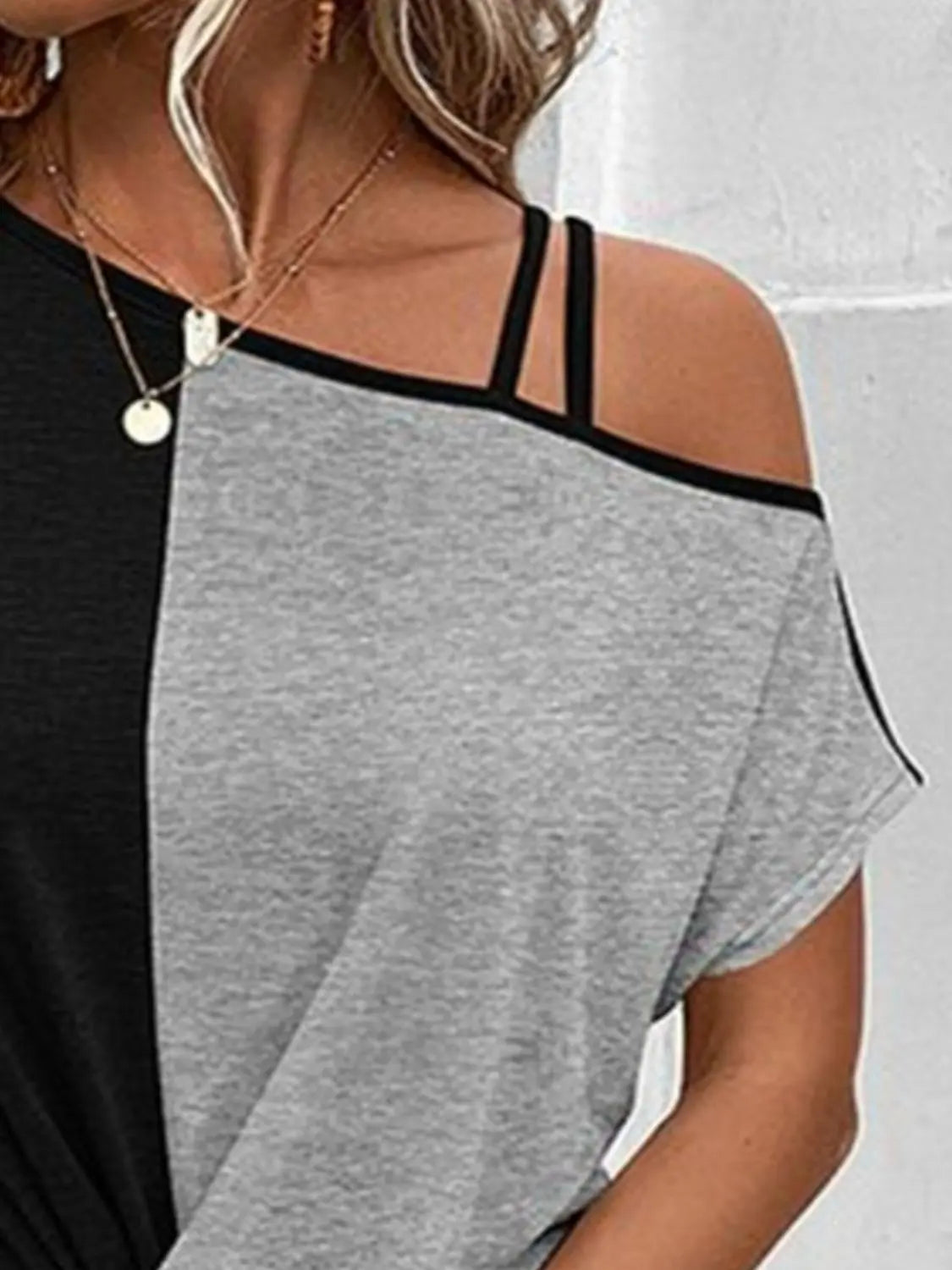 Colleen Contrast Asymmetrical Neck Short Sleeve T-Shirt - ThingsWeUseAndLove 