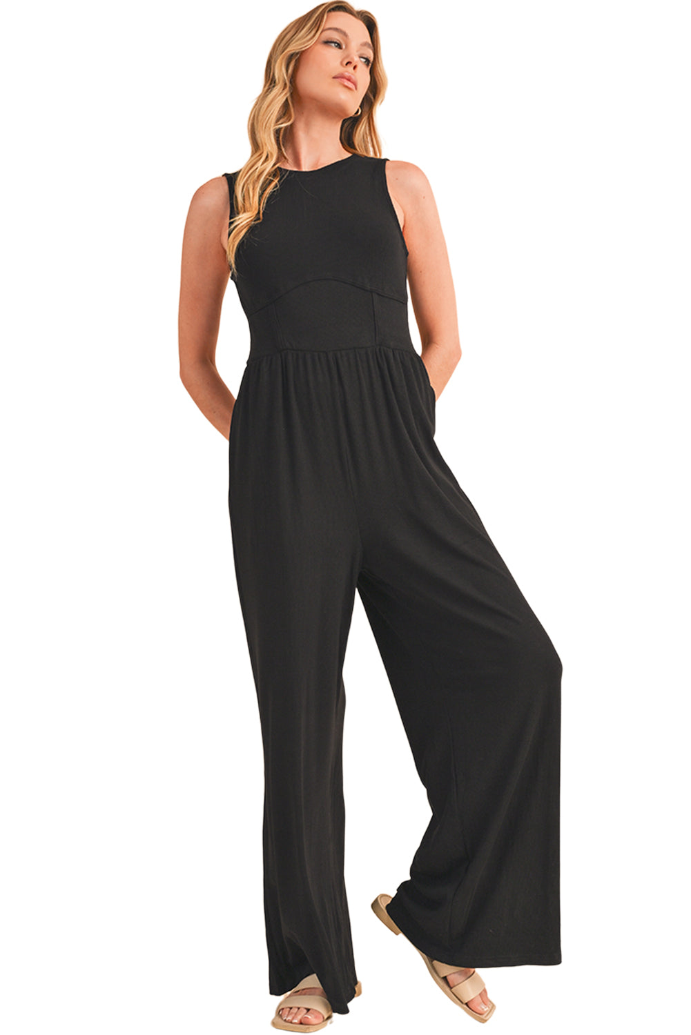 Blackish Green Sleeveless High Waist Wide Leg Jumpsuit - ThingsWeUseAndLove 