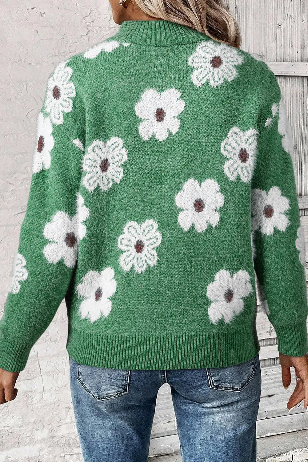 Long Sleeve Half Zip Flower  Sweater - ThingsWeUseAndLove 