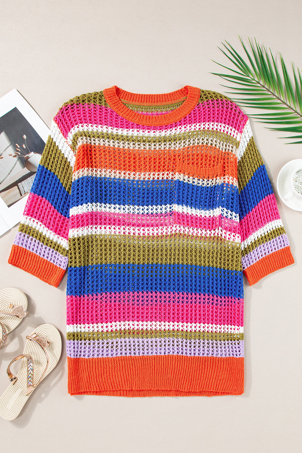 Striped Color Block Hollow Crochet 3/4 Sleeve T Shirt - ThingsWeUseAndLove 