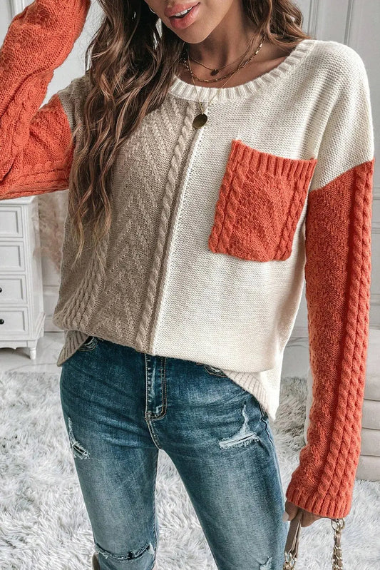 Round Neck Color Block Long Sleeve Sweater - ThingsWeUseAndLove 