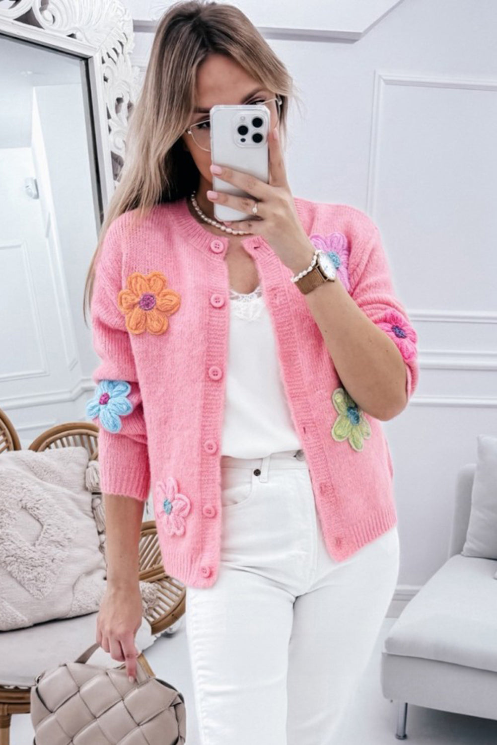 White Cute Flower Pattern Button-Up Cardigan - ThingsWeUseAndLove 