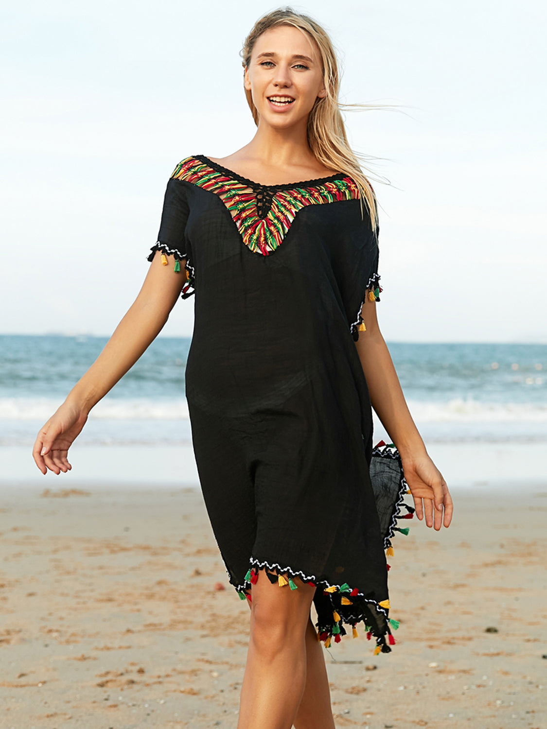 Peppa Tassel V-Neck Short Sleeve Cover Up - ThingsWeUseAndLove Black-One-Size