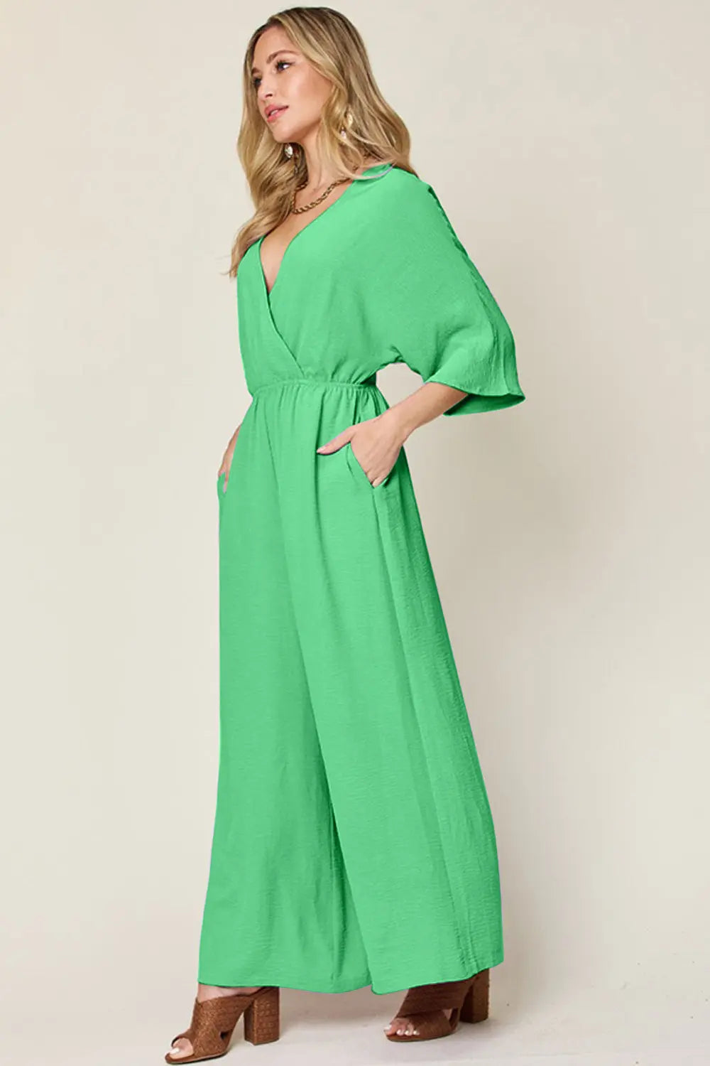 Size Inclusive Surplice Wide Leg Jumpsuit with Pockets - ThingsWeUseAndLove Mid-Green-3XL