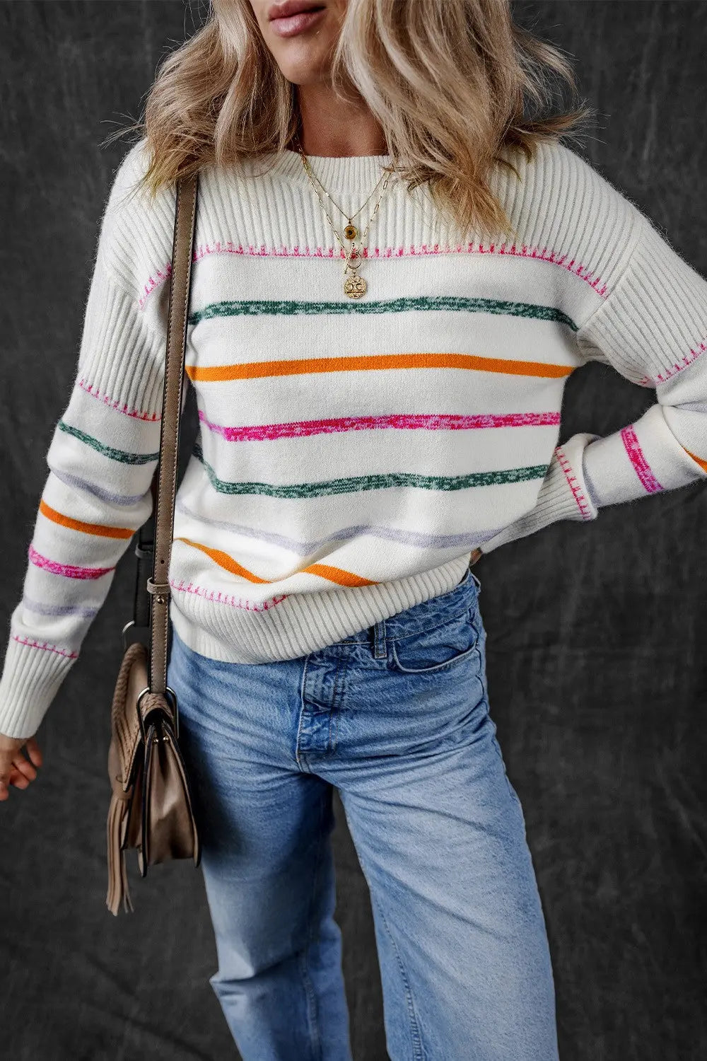 Sadie Striped Round Neck Dropped Shoulder Sweater - ThingsWeUseAndLove 