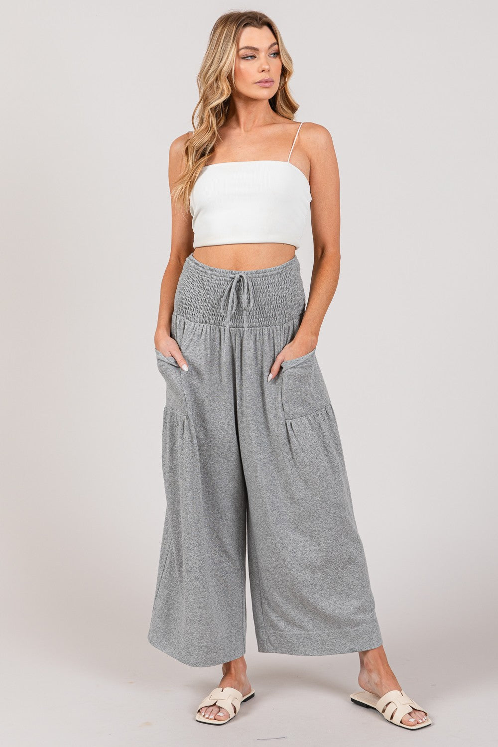 SAGE + FIG Drawstring Smocked High Waist Pants - ThingsWeUseAndLove 