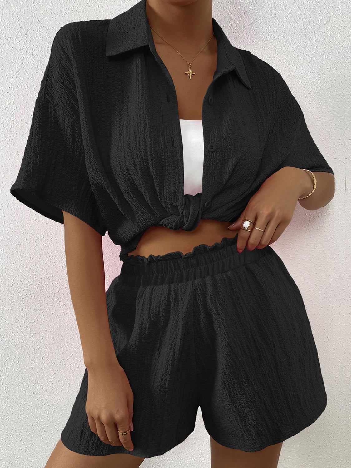 Button Up Half Sleeve Top and Shorts Set - ThingsWeUseAndLove Black-2XL