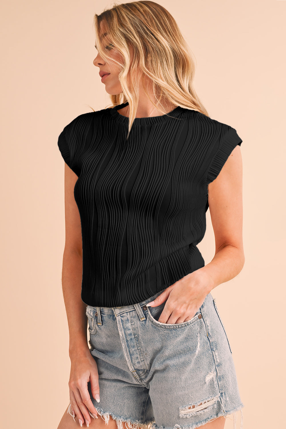 Wavy Textured Cap Sleeve Top - ThingsWeUseAndLove 