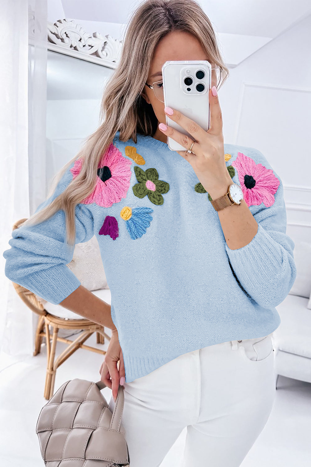 Light Blue Flower Pattern Ribbed Edge Sweater - ThingsWeUseAndLove 