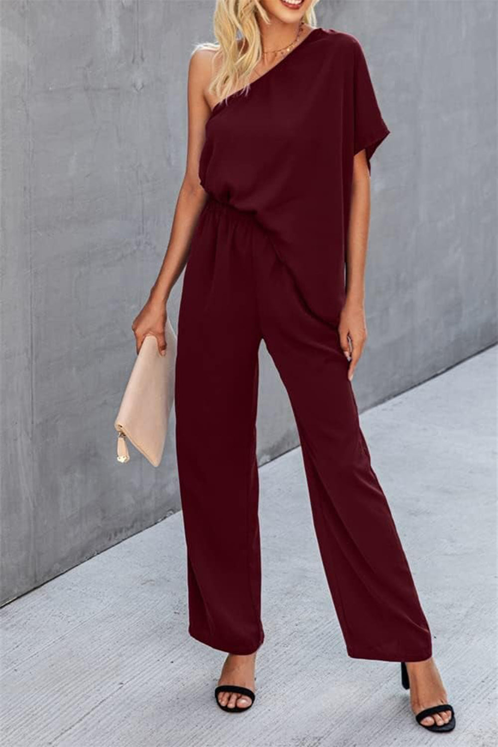 Helen Single Shoulder Short Sleeve Jumpsuit - ThingsWeUseAndLove Burgundy-XL