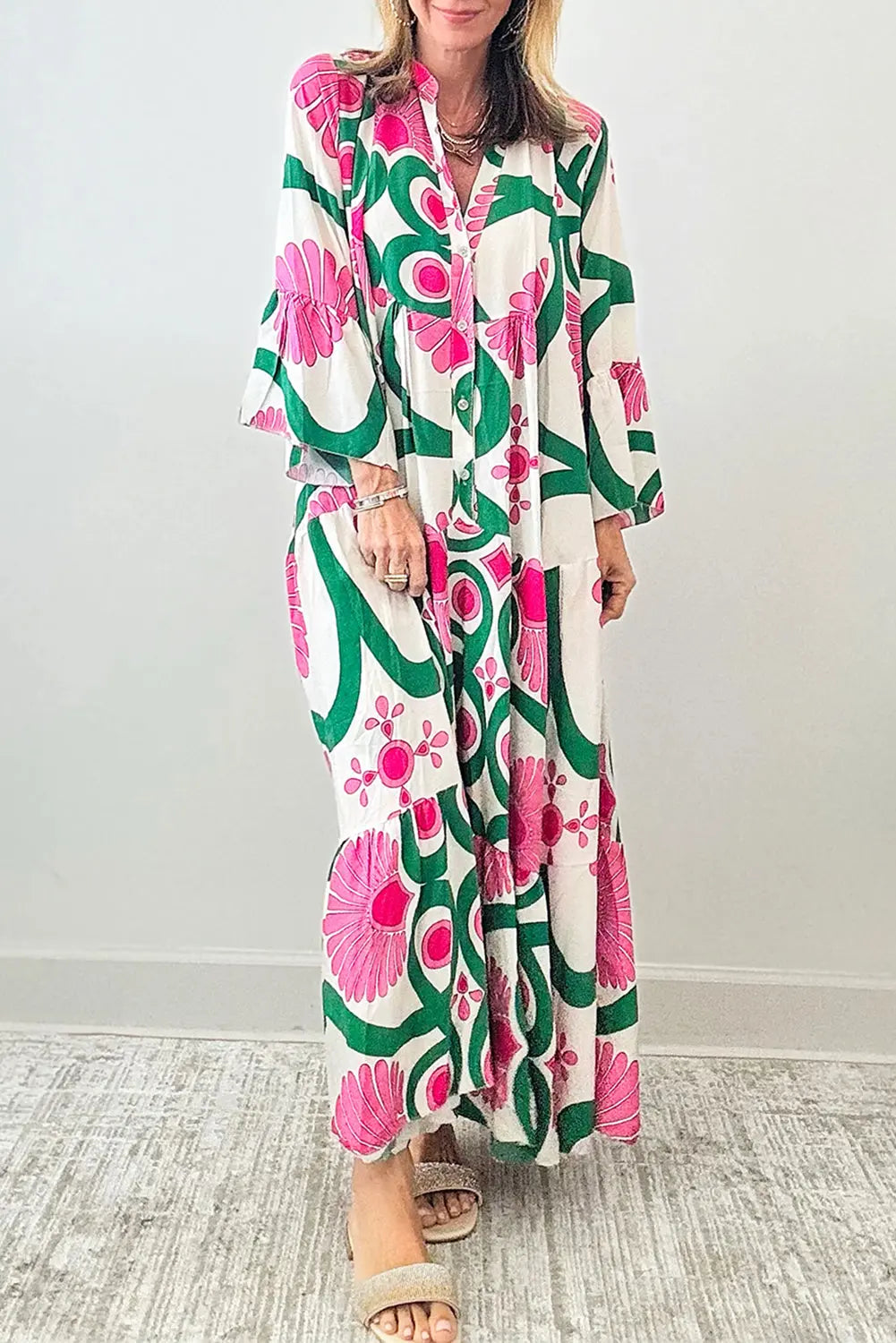 Oversized Pink Boho Abstract Button V Neck  Maxi Dress - ThingsWeUseAndLove Pink-XL