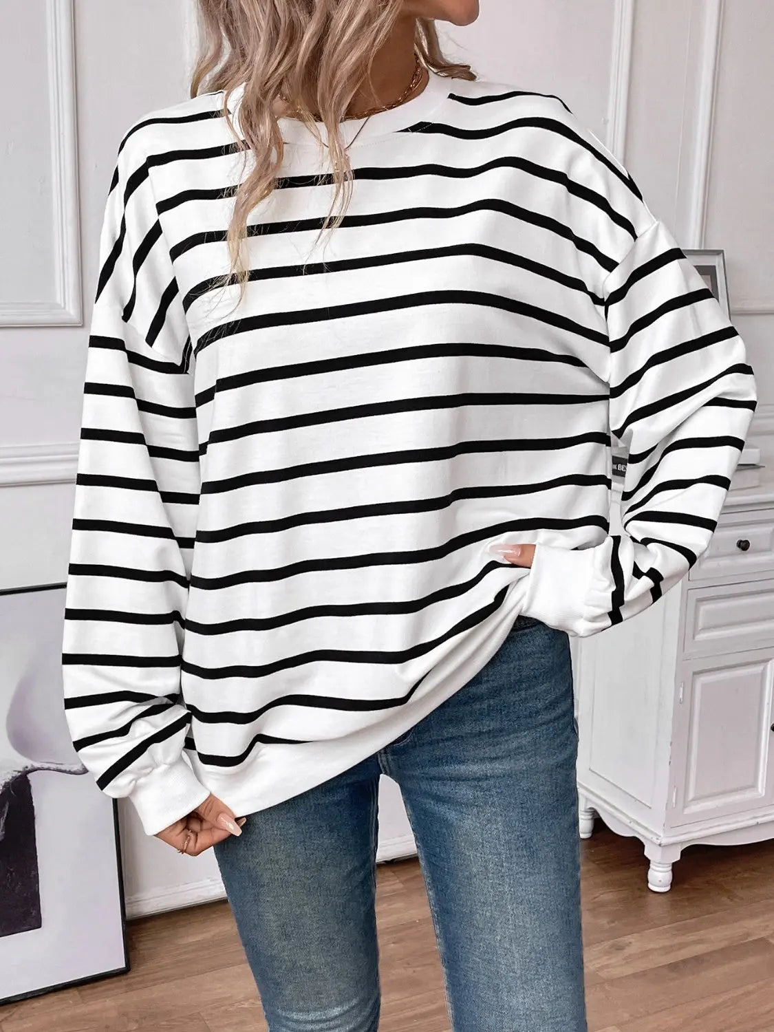 Leslie Striped Round Neck Long Sleeve Sweatshirt - ThingsWeUseAndLove 