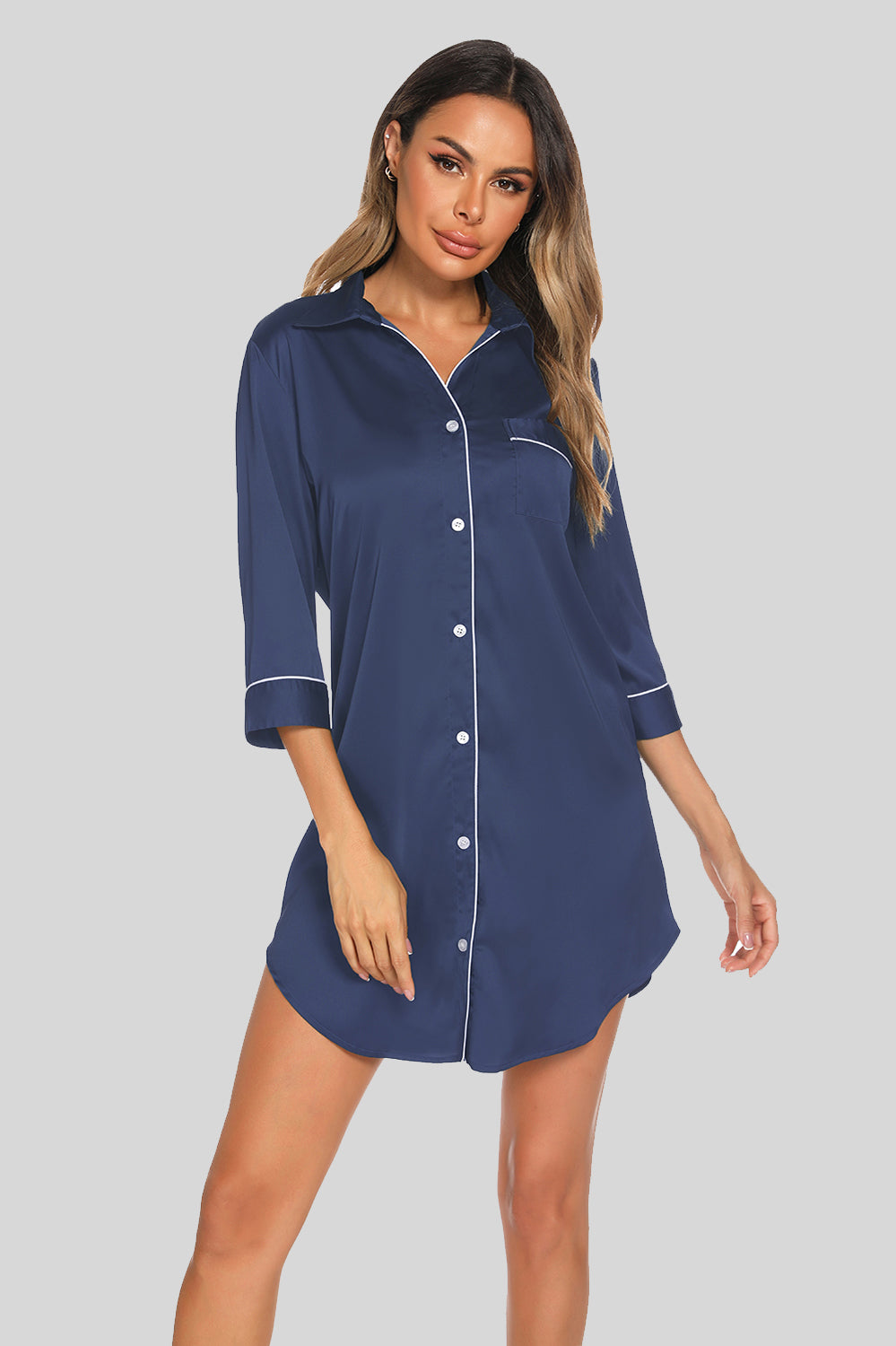 Jane Button Up Collared Neck Night Dress with Pocket - ThingsWeUseAndLove French-Blue-2XL